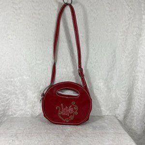 Red Circular clutch zipper purse Love spell out embroidery on front